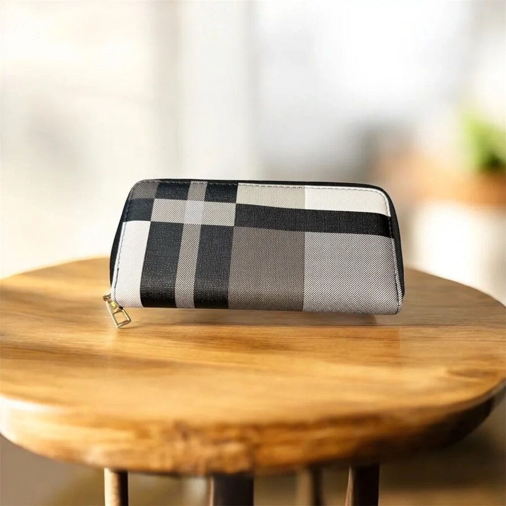 NWT Black White Plaid Zip Around Wallet Checkered Print Organizer 7.5” x 4”